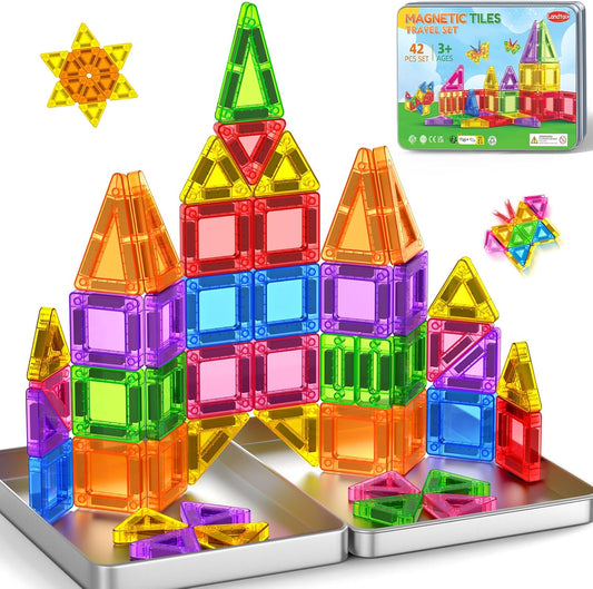 Mini Magnetic Tiles Travel Set Magnetic Tiles with Iron Box 42PCS