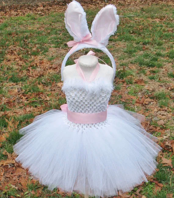 Girls White Rabbit Feather Dress with Ears