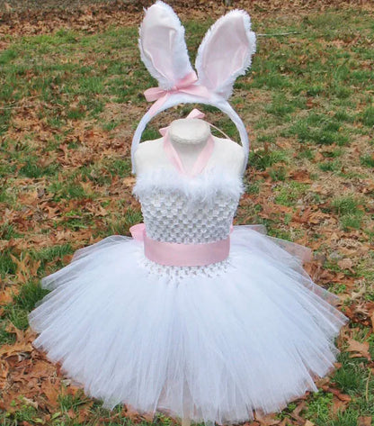 Girls White Rabbit Feather Dress with Ears
